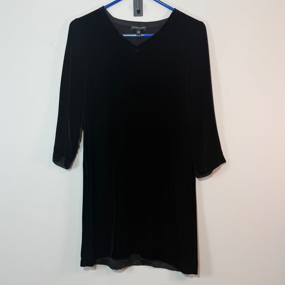 Eileen Fisher Velvet V-Neck Dress Women PP Black 3/4 Sleeve Shift Cocktail Party